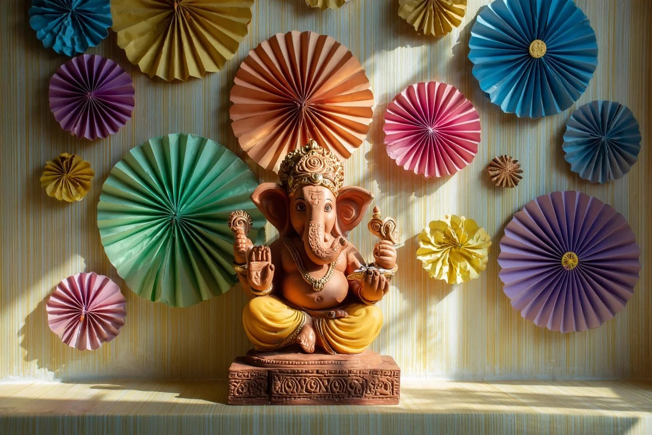 Simple Ganesh Decoration Ideas with Paper Fan Backdrop