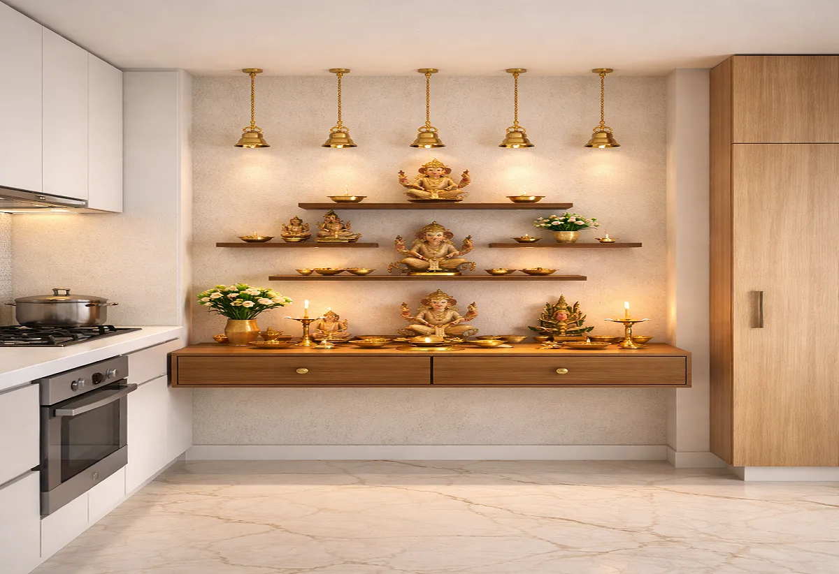 Small Mandir in Kitchen in Minimalist Style