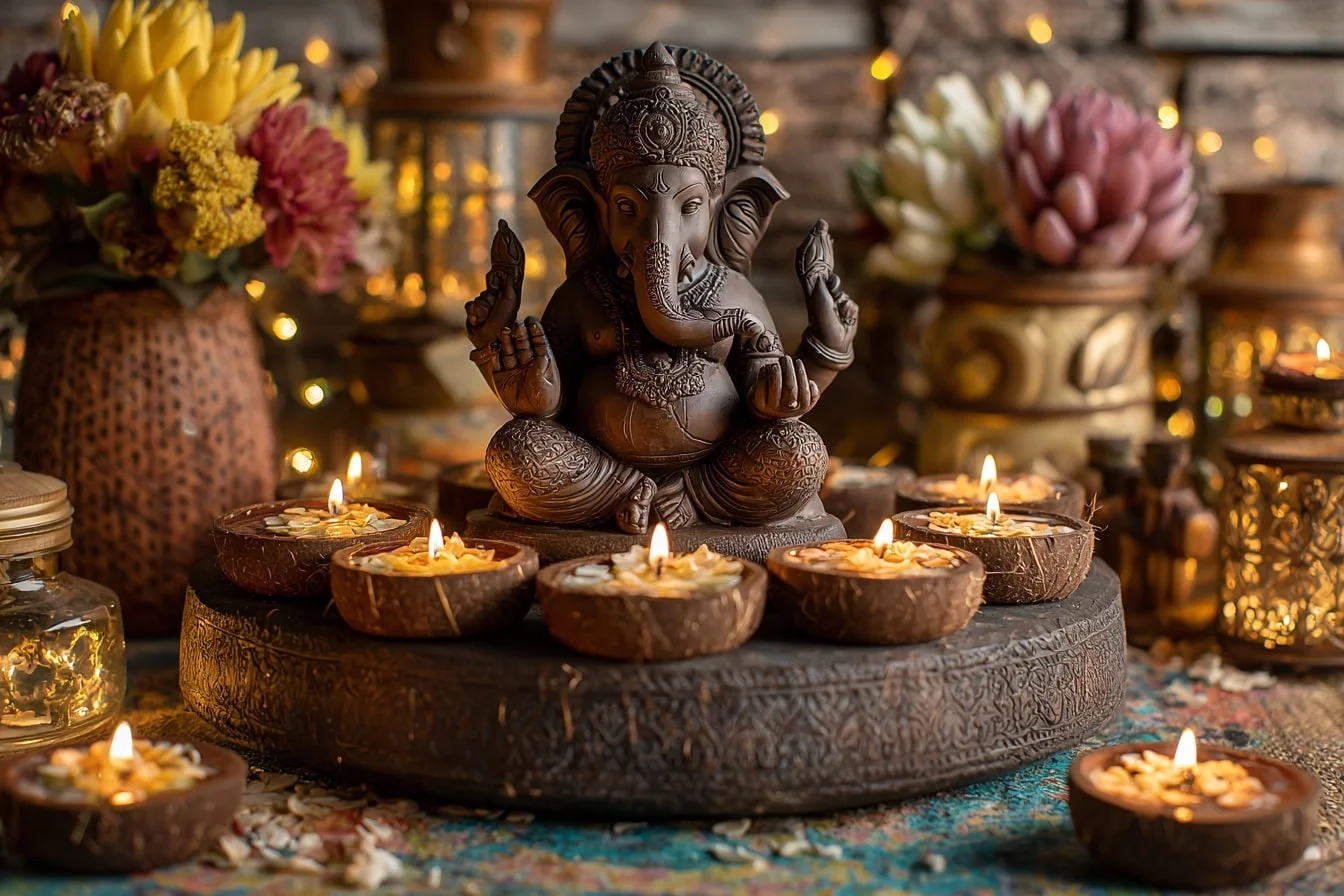 Unique Ganpati Decoration Ideas with Coconut Shell Diyas