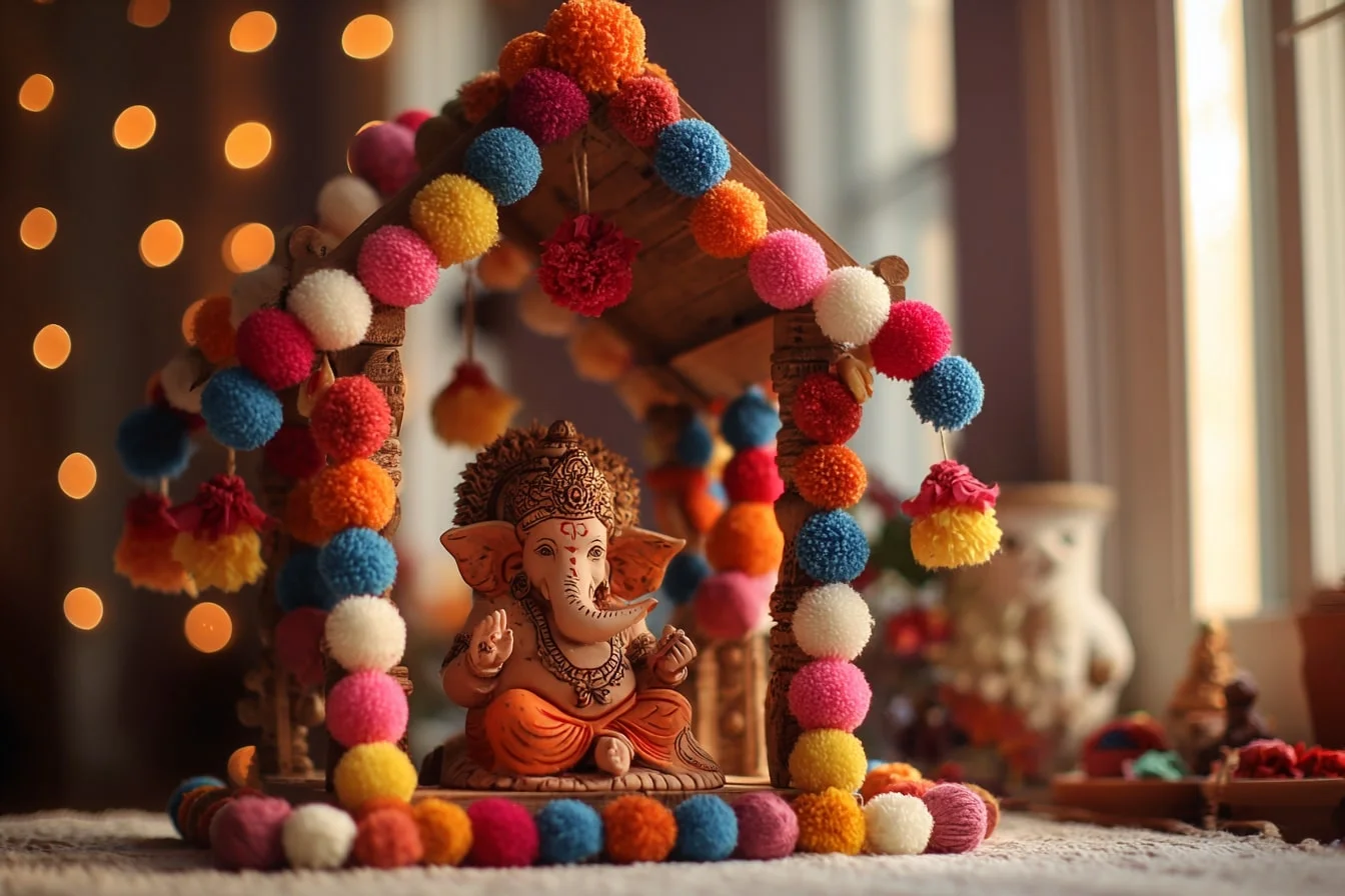 Vinayagar Decoration Ideas with Small Pom-Poms and Craft Garlands