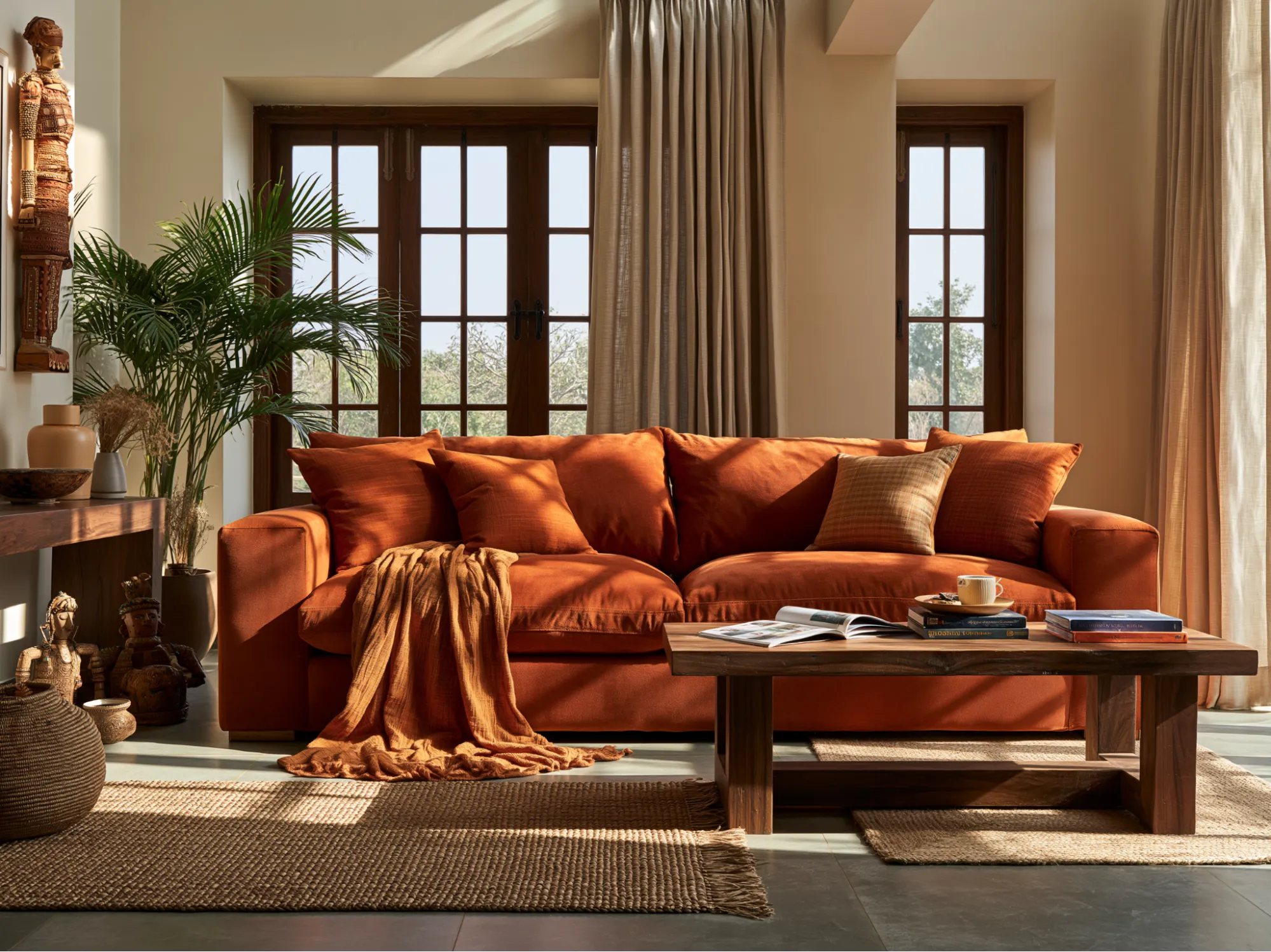 Warm Earthy Sofa Colour Combination with Cream Walls