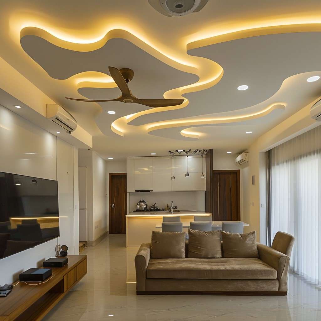 Wavy Main Hall Ceiling Design with Double-Fan