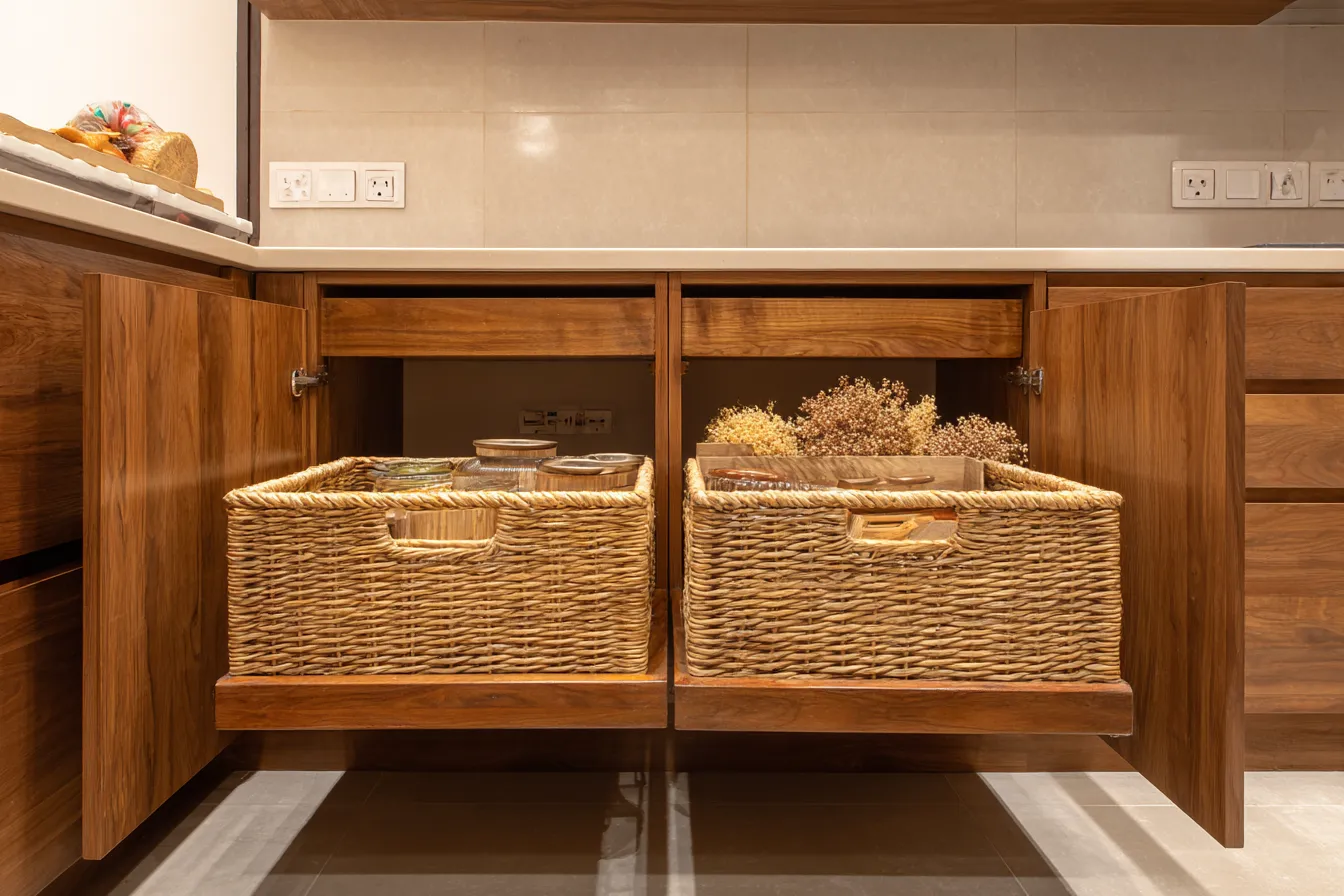 Wooden Kitchen Trolley Design Showcasing Wicker Baskets