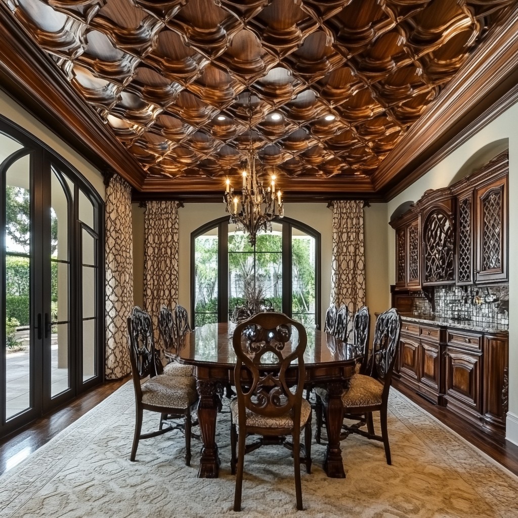 Wooden Lattice Ceiling Design for Dining Room