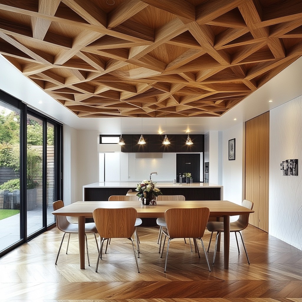 Wooden Roof Ceiling Design in Symmetrically Arranged Pattern for Dining Room