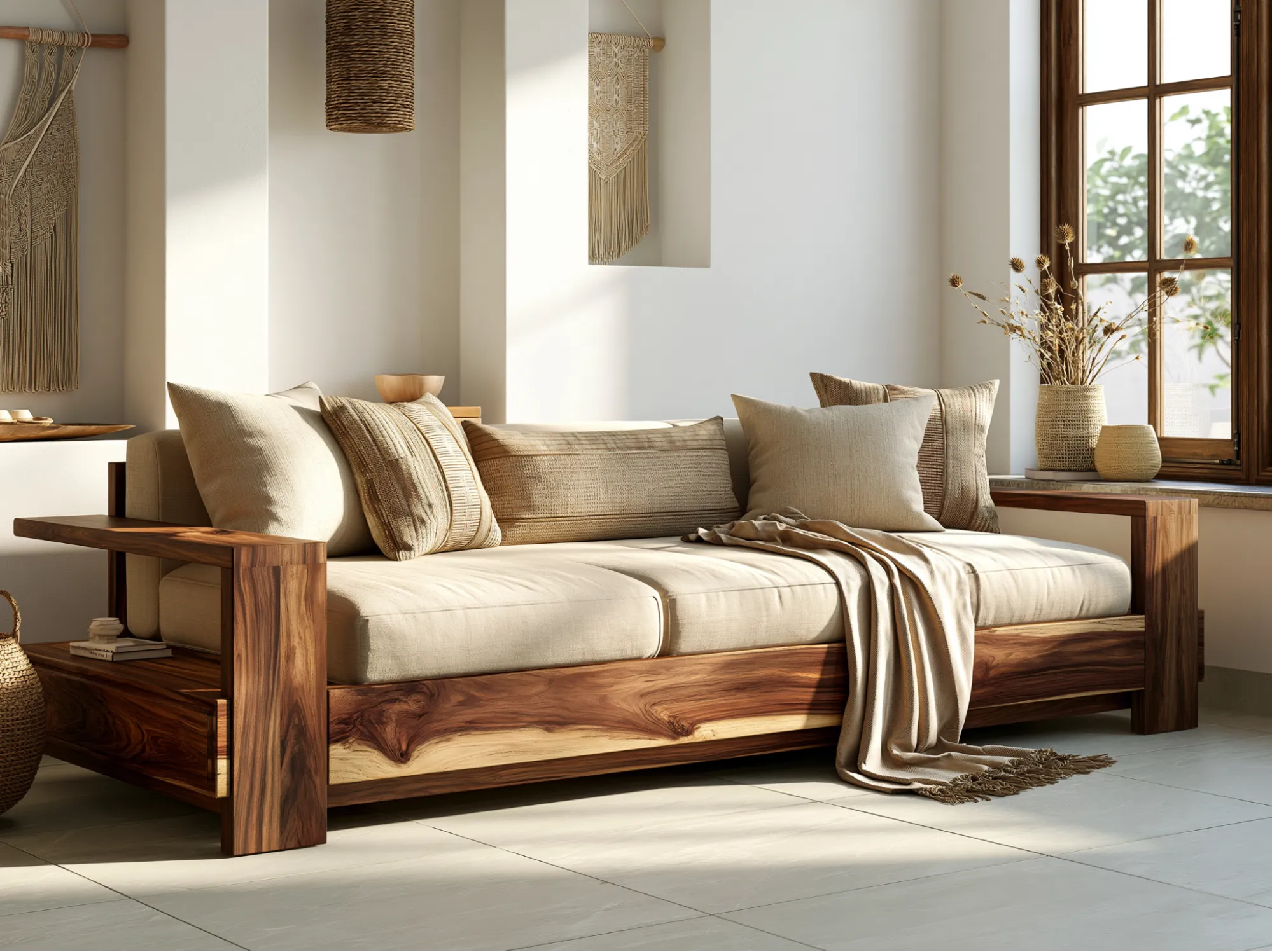 Wooden Sofa Colour Combination with White Walls