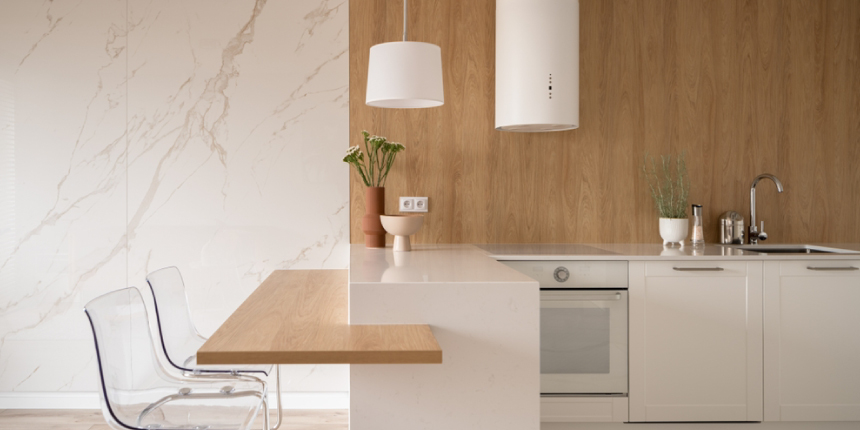 An-Amalgam-of-White-Marble-And-Wood-Kitchen-Worktops