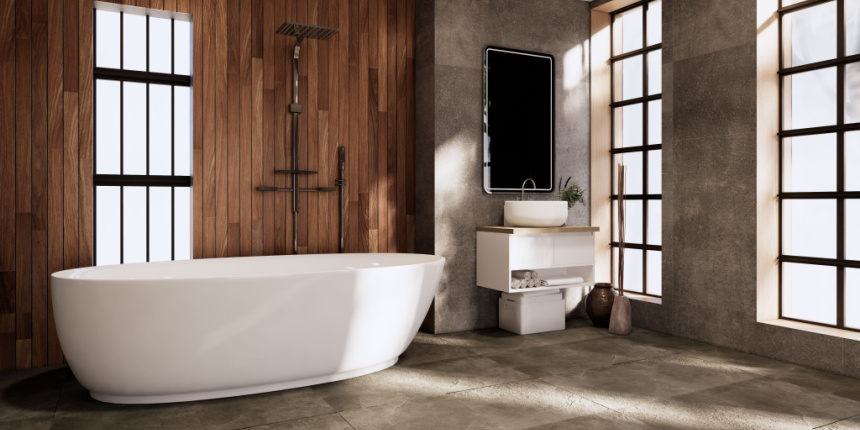 Statement Bathroom With Wood Panelling design