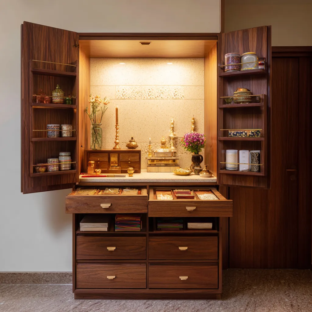 Below-Cabinet Drawers- Small Pooja Room Storage Ideas