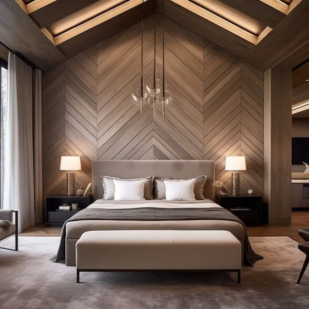 Chevron-Patterned Wood Ceiling Design Ideas for Bedroom