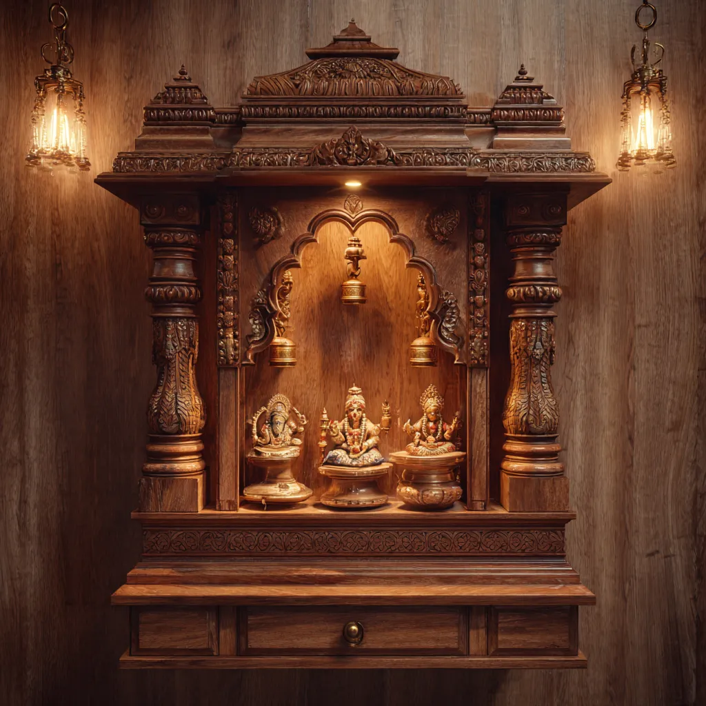 Classic Wooden Wall Mandir Design with Carving