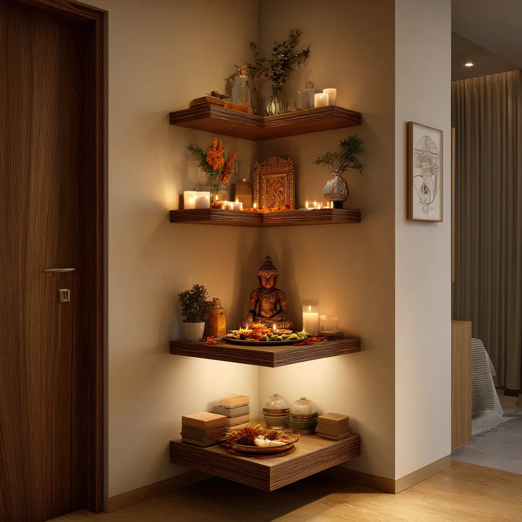 Corner Wall Mandir Design for Small Flats
