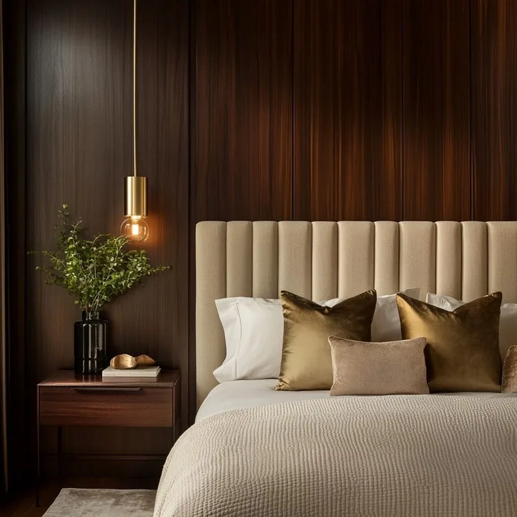 Dark Wood Accent Designer Wall Panel Design for Bedroom