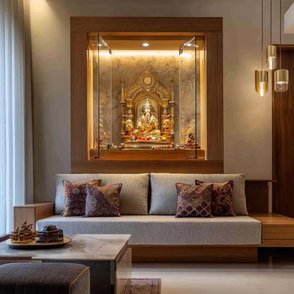 Glass-Enclosed Wall Mounted Mandir Design