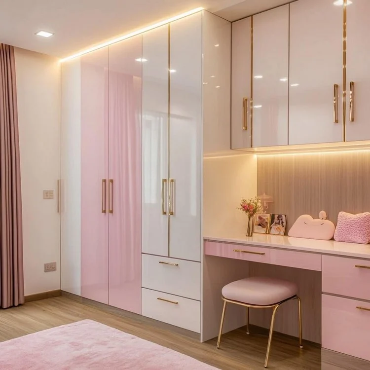 Glossy Pink and White Wardrobe Laminate Colour Combination