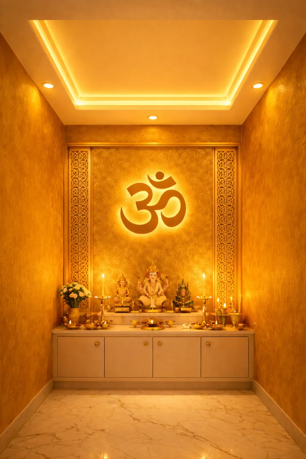 Golden Pooja False Ceiling Design with Auspicious Symbols