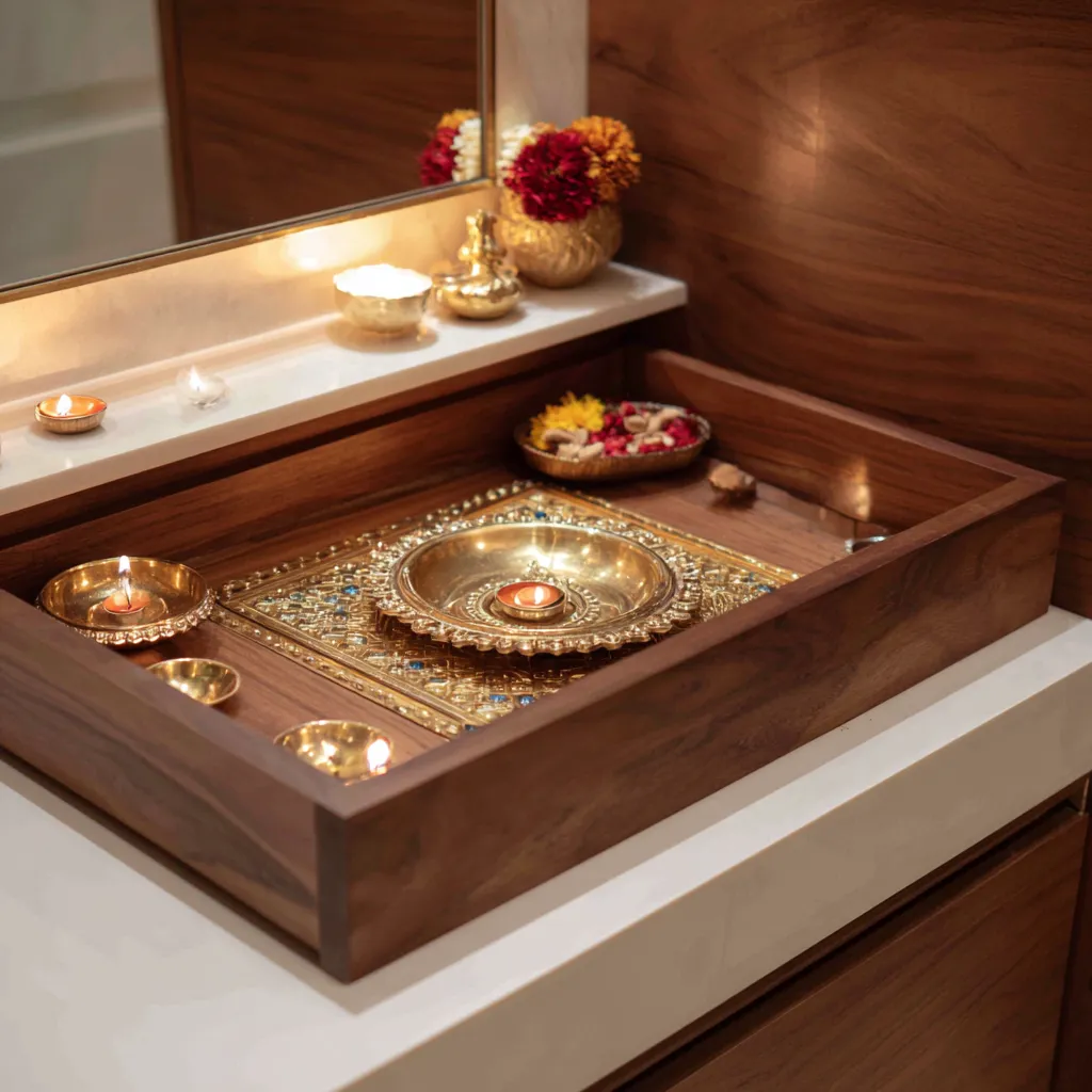 Hidden Pull-Out Diya Trays- Small Pooja Room Storage Ideas