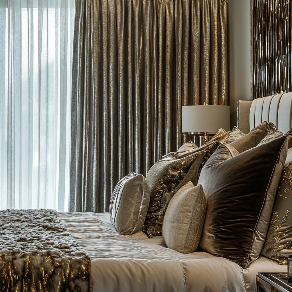 Metallic Touch Bedroom Curtain Ideas