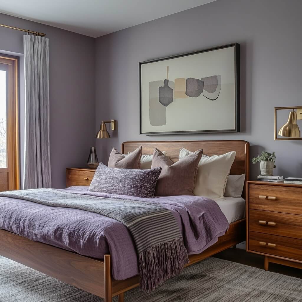 Mid-Century Modern purple colour bedroom