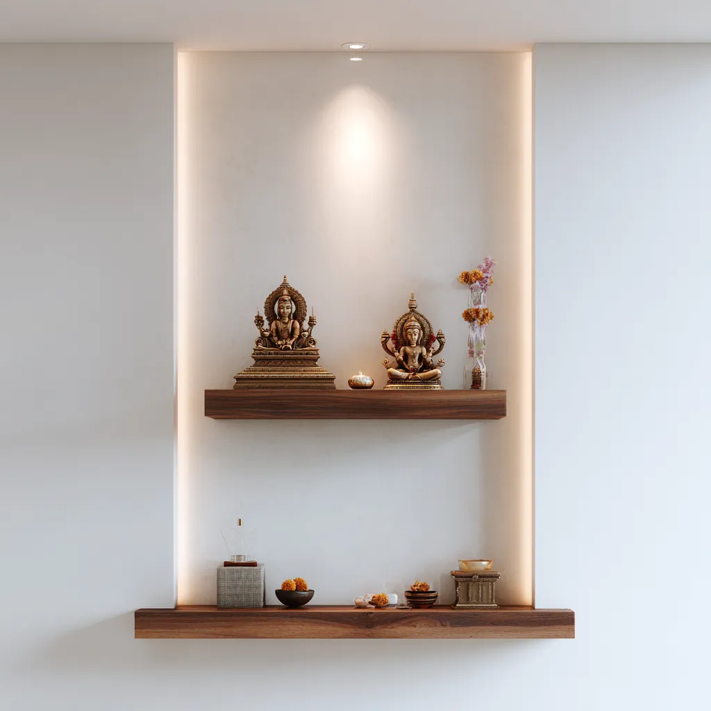 Minimal Two Floating Shelves Mandir Design