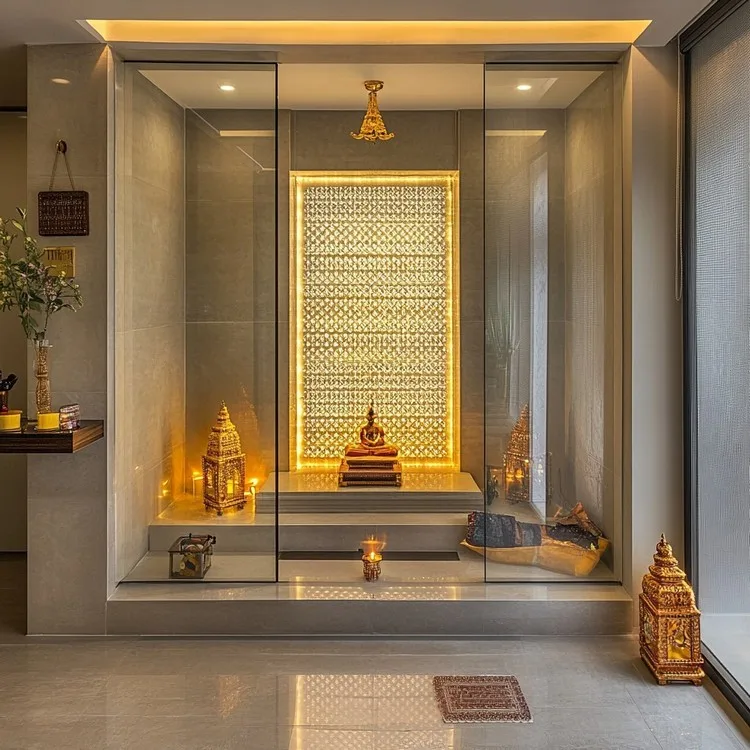 Elegant Small Glass-Enclosed Pooja Room Design