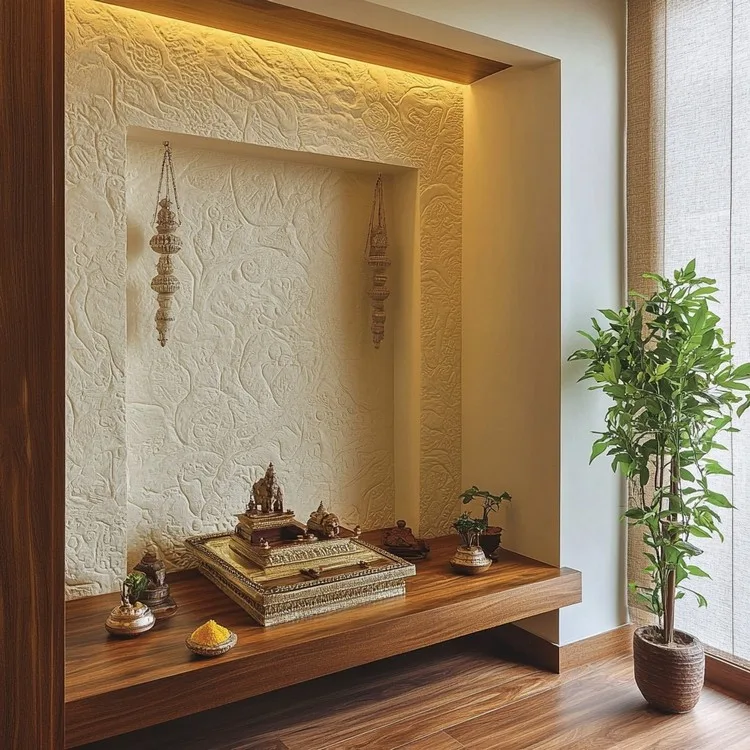 Modern Small Mandir Design with Textured Walls