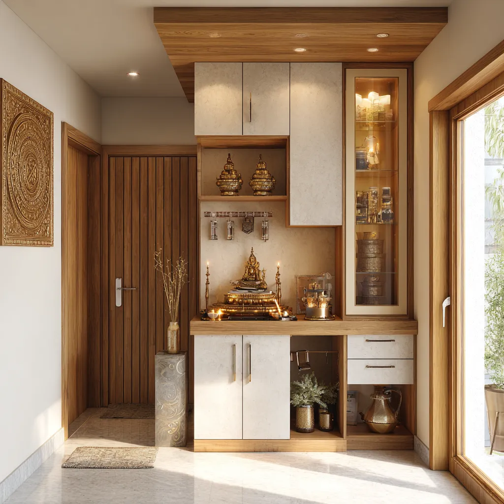 Overhead Loft Cabinet- Small Pooja Room Storage Ideas