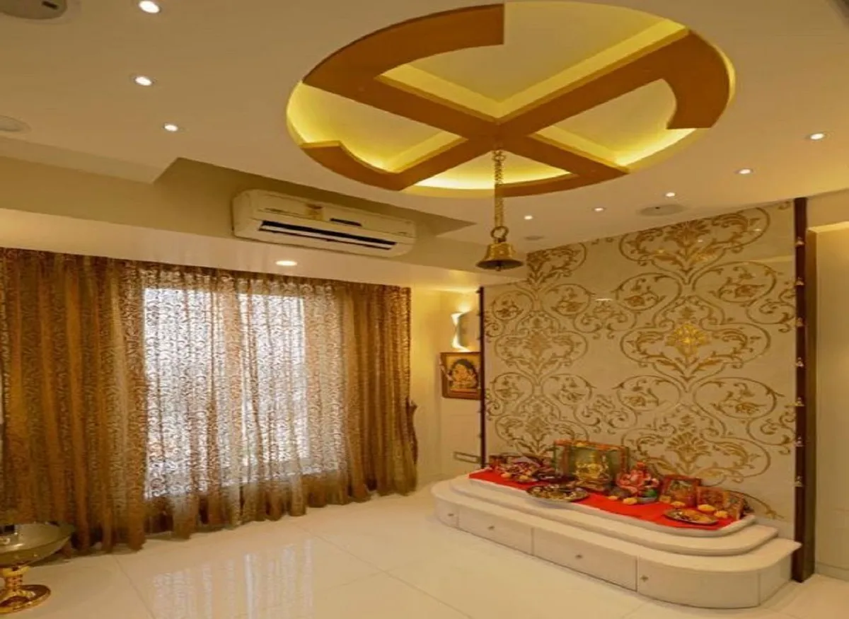 Pooja Room Ceiling Design with Pristine Symbols