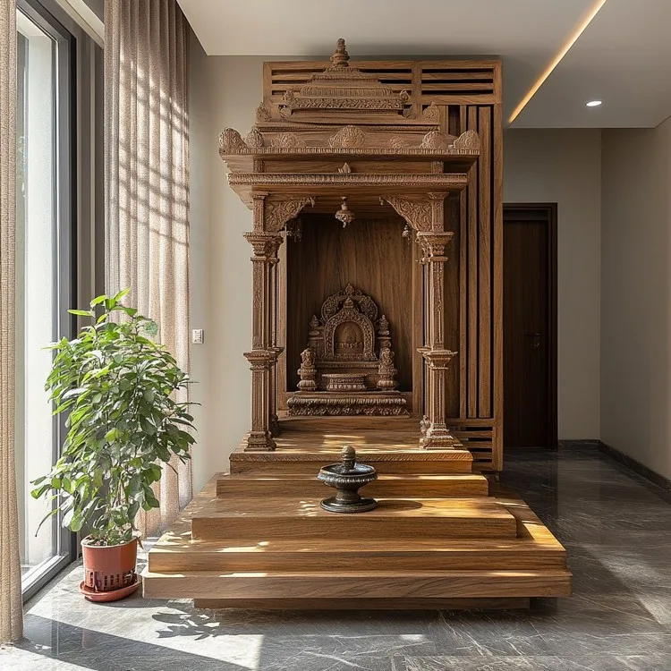 Simple Pooja Room Design with an Indoor Fountain