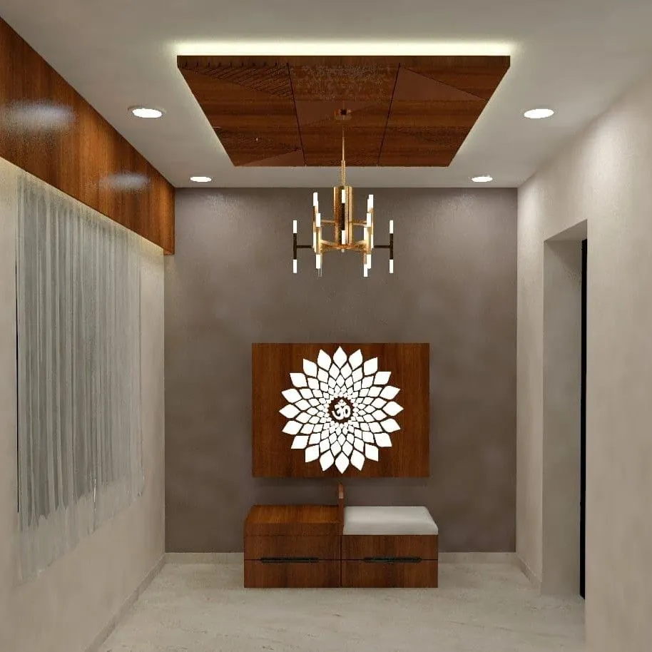 Simple Pooja Room Wooden Ceiling Design with Pendant Lights