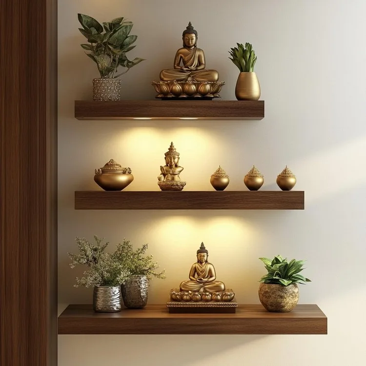 Small Pooja Room Design in Apartment with Floating Shelves for Idols
