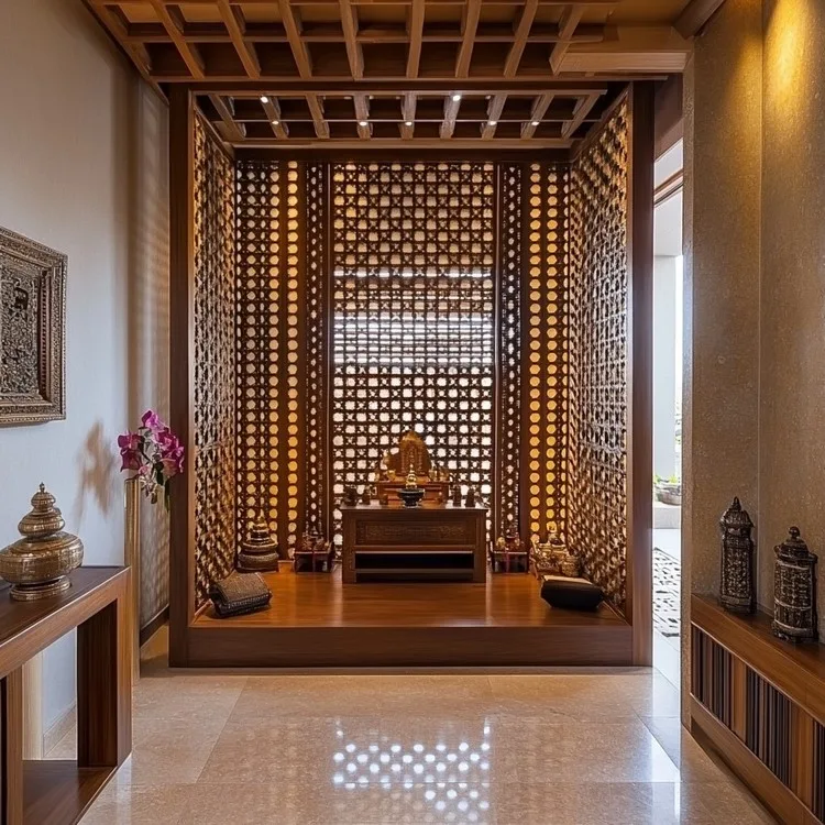 Simple Small Pooja Room with a Lattice Partition
