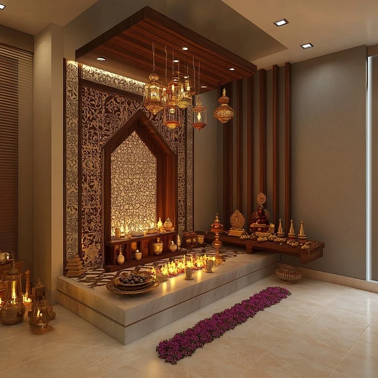 Simple Yet Modern Mandir Design with essential oils
