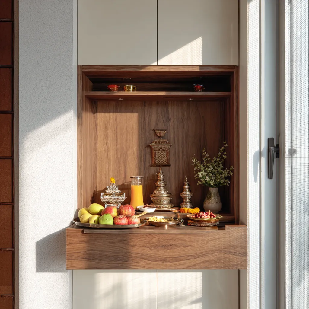 Slide-In Slot- Small Pooja Room Storage Ideas