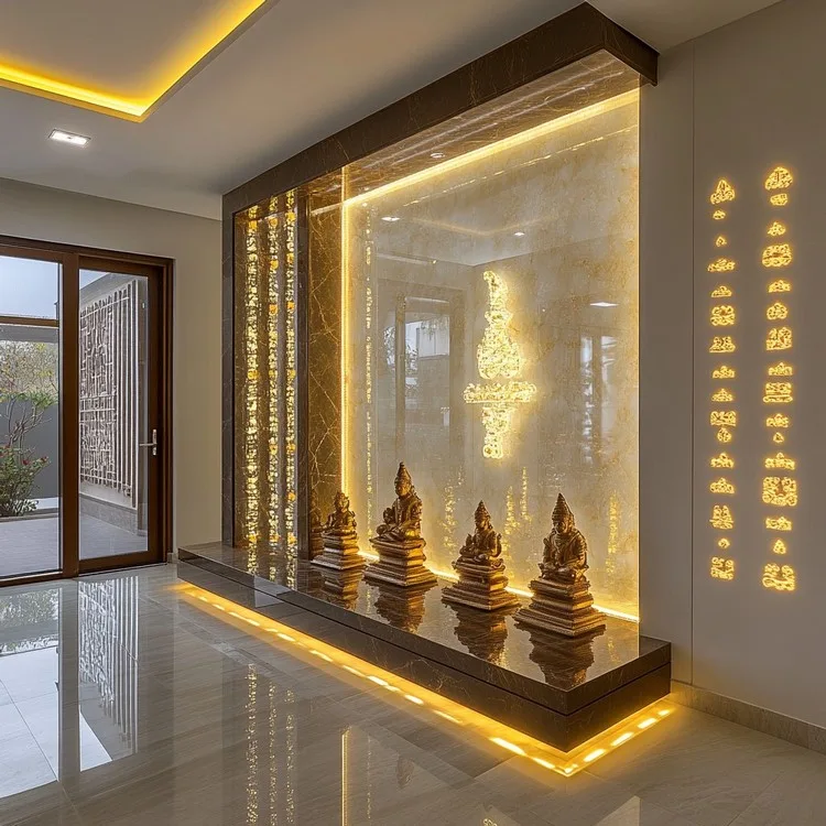 Small Corner Pooja Room Design with a Glass Panel