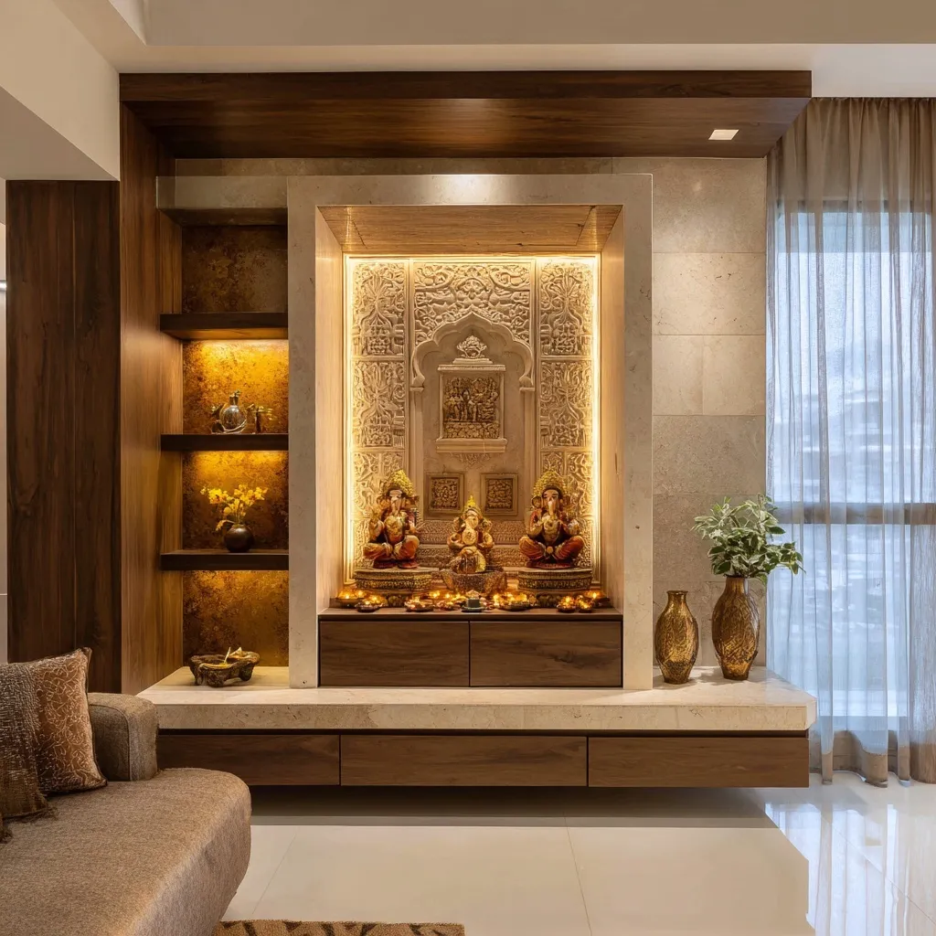 Small Corner Pooja Unit Design in Living Room