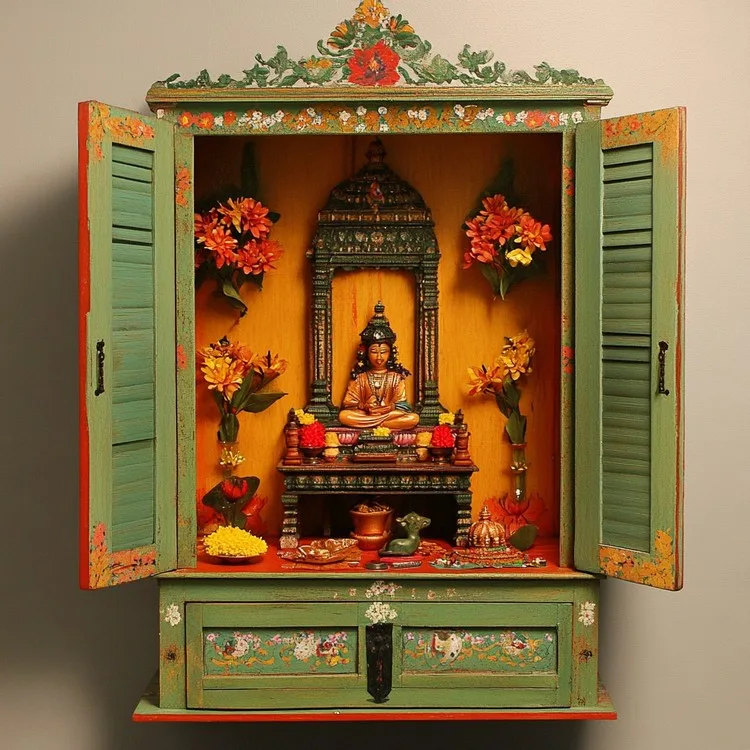 Small Mandir Design for Studio Apartment with a Foldable Screen