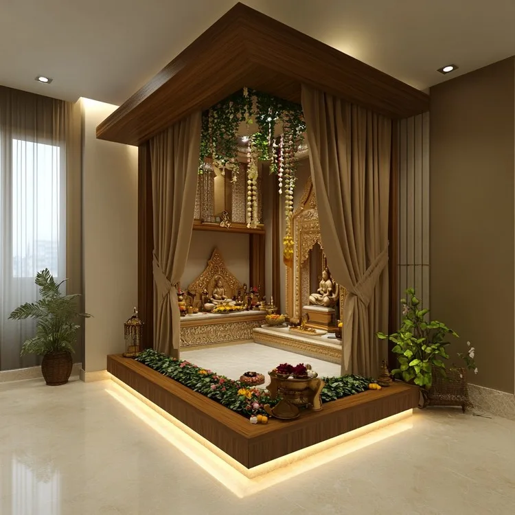 Small Mandir Design for Home with embroidered Curtains
