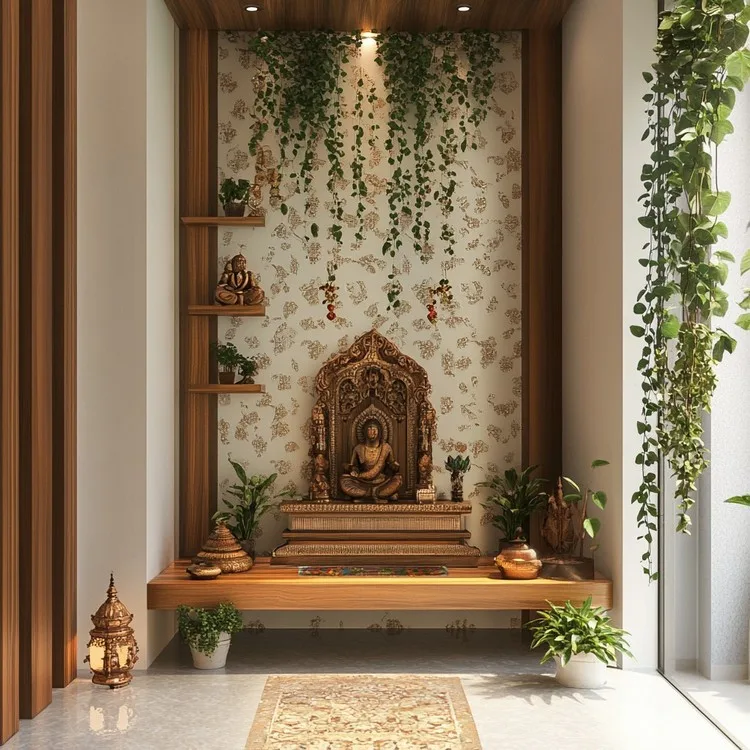 Small Mandir Design in Apartment with Small Plants