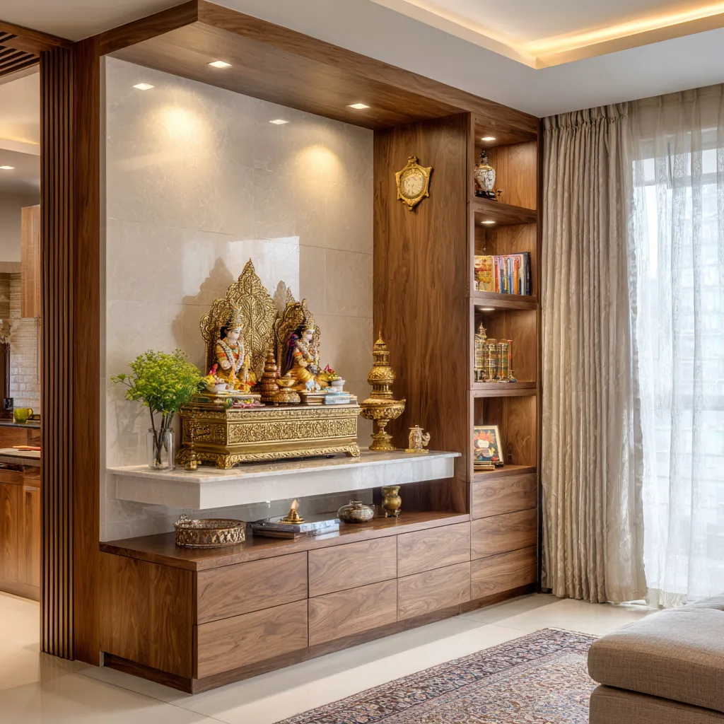 Small Pooja Room Design with Built-in Storage