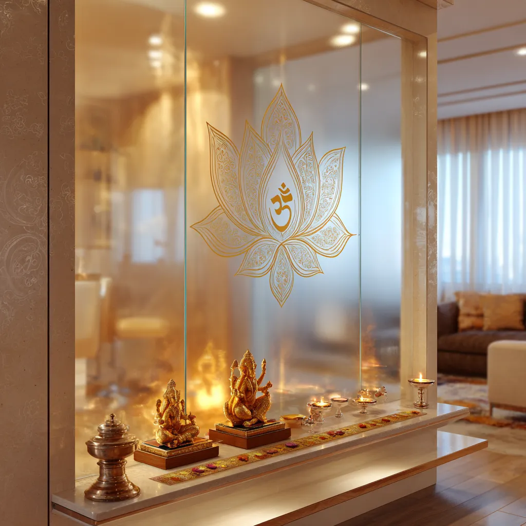 Small Pooja Room Design with Glass Partition Panel