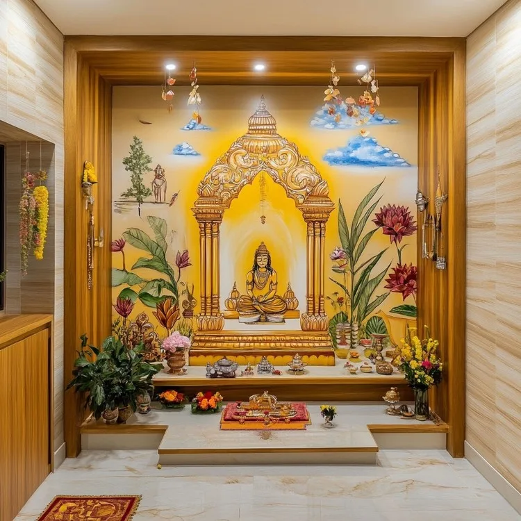 small pooja room in apartments with Hand-Painted Designs
