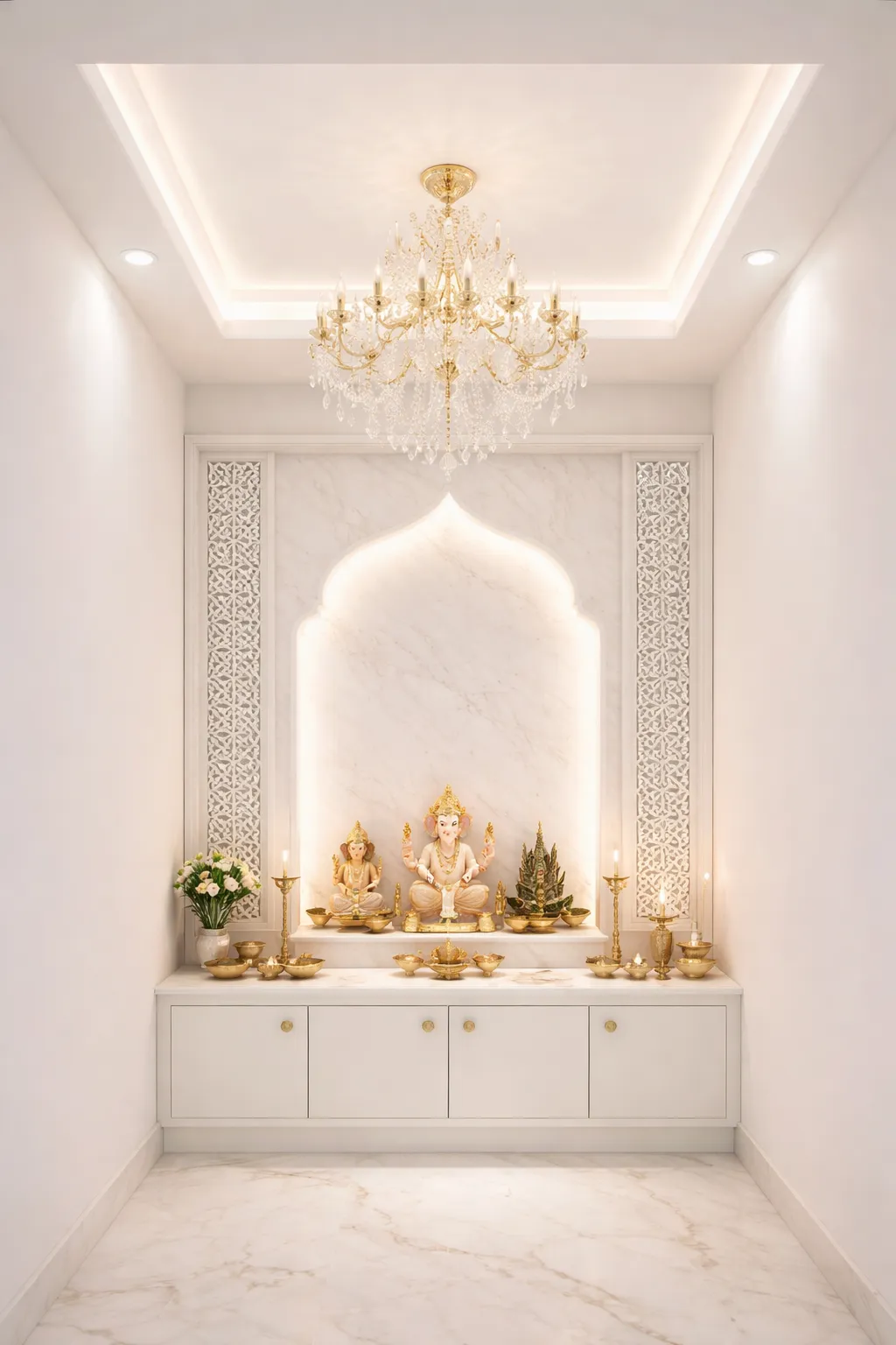 Small Pooja Room POP Design with Chandelier