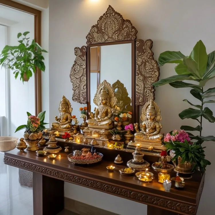 Mirrored Backdrop Behind Idols for Small Pooja Room