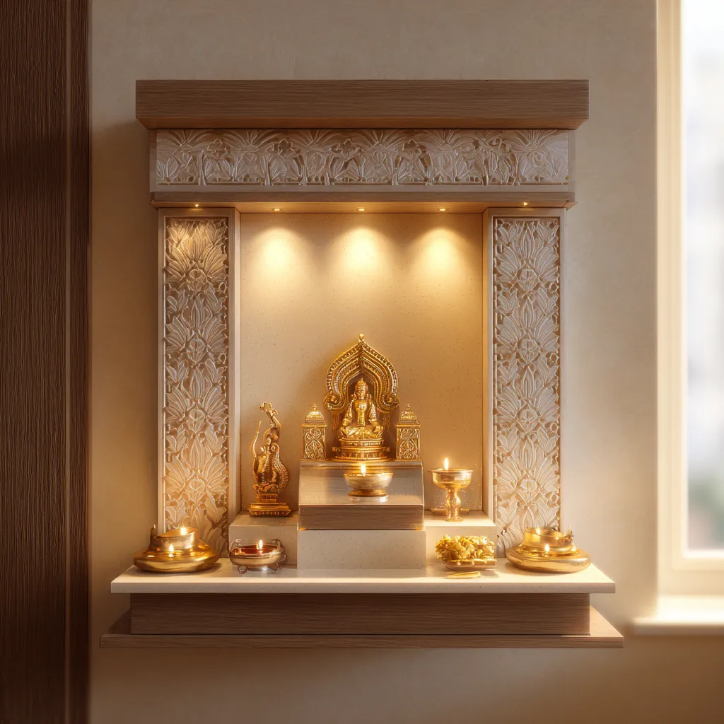 Space Saving Small Pooja Room Design with CNC Jali Panels