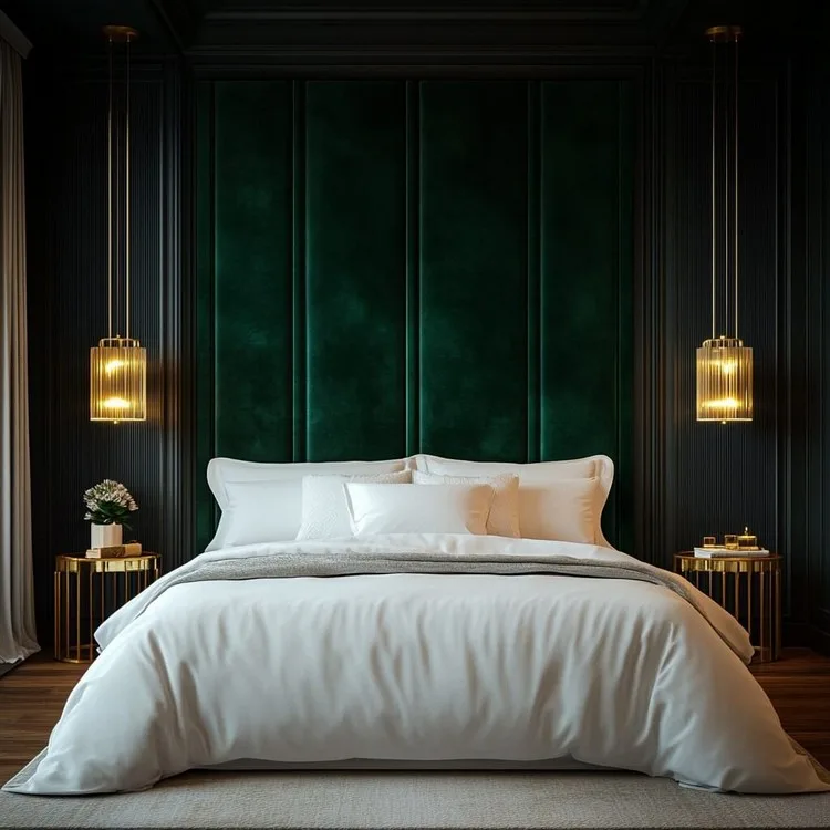 Velvet-Covered Wall Panel Design for Bedroom
