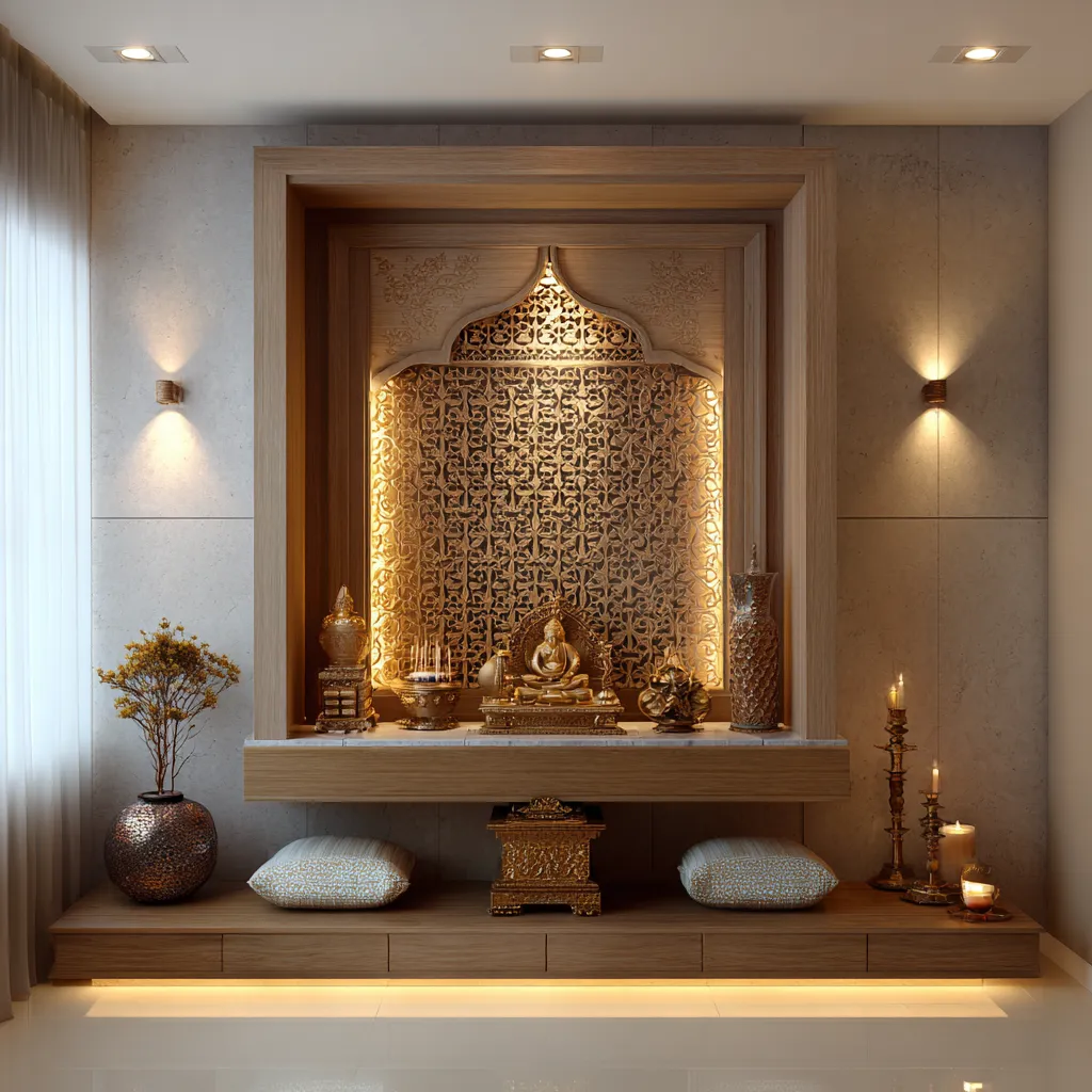 Wall Mandir Design with Jaali Back Panel