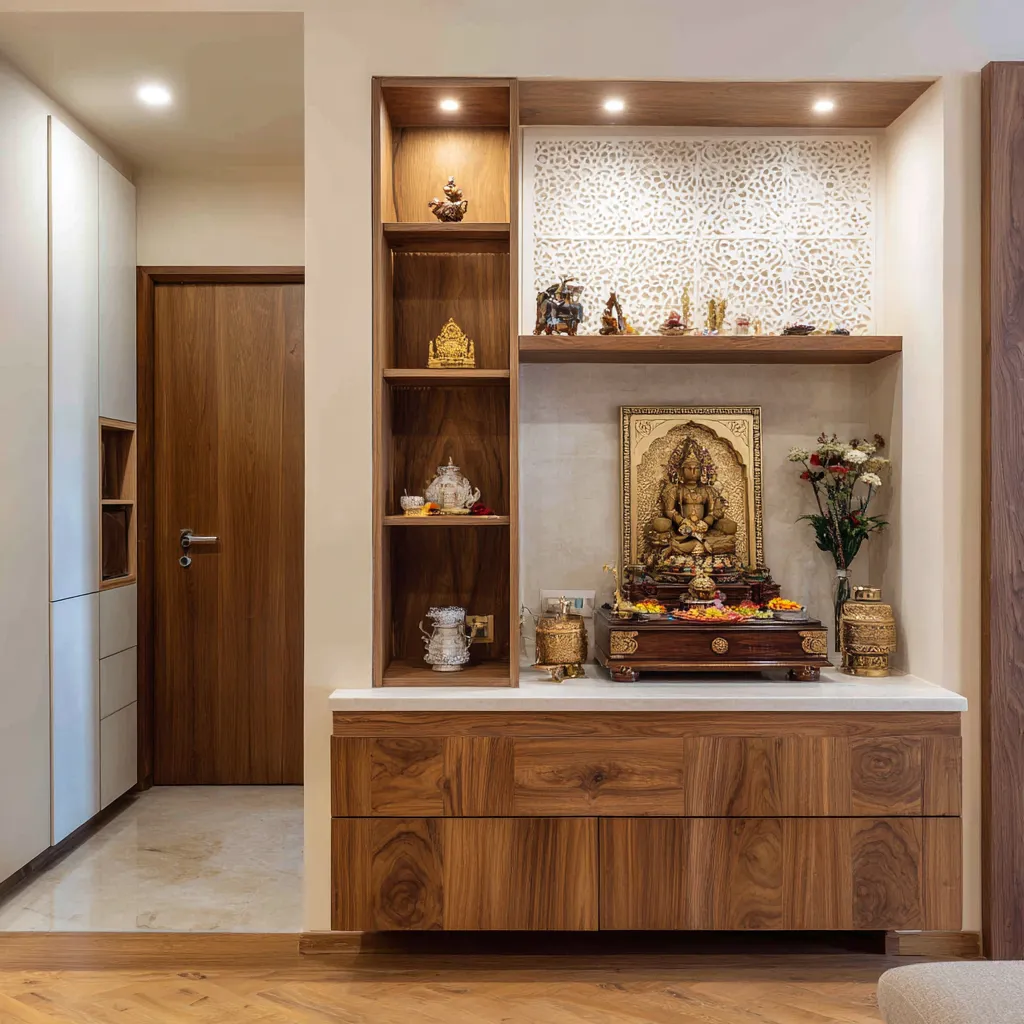 Wall Mandir Design with Storage Cabinets