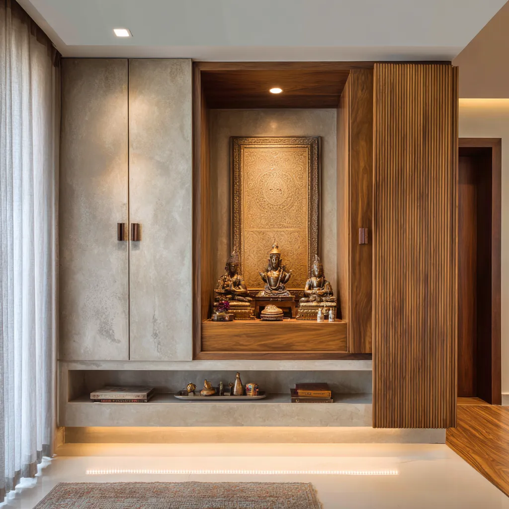 Wall Mandir Design with Wooden Sliding Doors