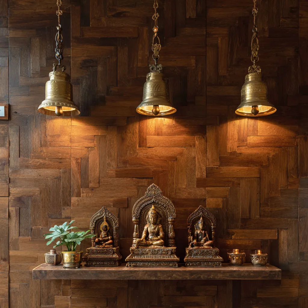 Wall Mounted Mandir Design with Brass Bells and Chains